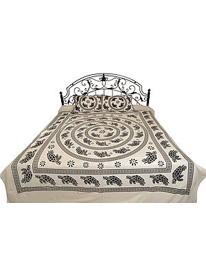 White and Black Vastu Bedsheet with Printed Mandala of Tortoises