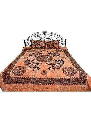 Coral-Sands Batik-Dyed Bedsheet with Printed Elephants and Chakras