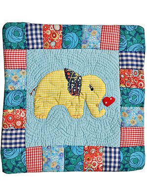 Light-Blue Printed Patchwork Cushion Cover from Dehradun with Kantha Stitch Embroidery and Applique Elephant