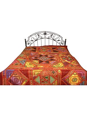 Multicolor Mandala Bedspread from Kutch with Embroidered Patches and Mirrors