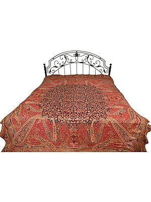 Red and Black Reversible Jamawar Bedspread with Woven Flowers and Paisleys