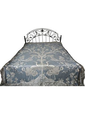 Monument-Gray Reversible Super-Silk Jamawar Bedspread with Woven Tree of Life