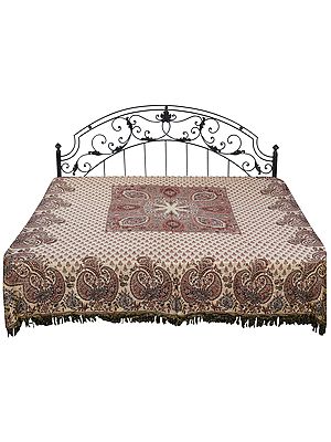 Reversible Jamawar Bedspread with Woven Bootis and Paisleys on Border