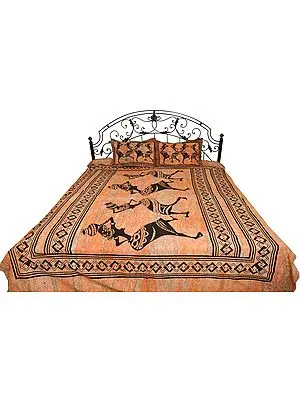 Peach-Bloom Batik-Dyed Bedsheet with Printed Village Belles