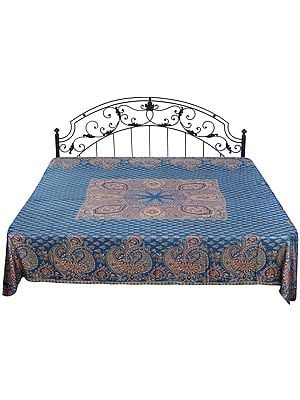 Cyan-Blue Reversible Jamawar Bedspread from Amritsar with Woven Paisleys