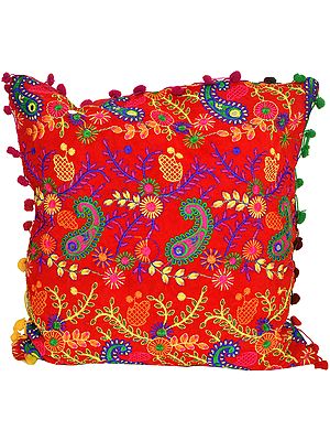 Chinese-Red Cushion Cover with Embroidered Paisleys and Mirrors