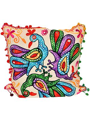 Cushion Cover with Ari-Embroidered Peacocks and Mirrors