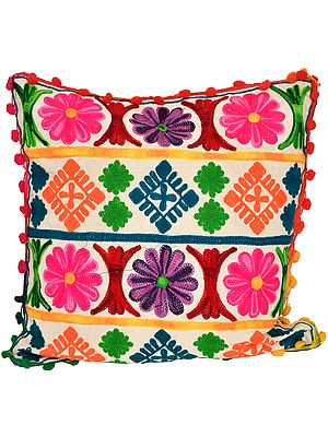 Off-White Cushion Cover with Ari-Embroidey in Multi-color Thread