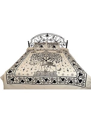 White and Black Bedsheet with Printed Tree of Life and Royal Elephant
