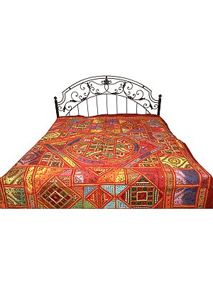 Multicolor Mandala Bedspread from Kutch with Embroidered Patches and Mirrors