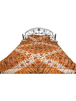 Brown Batik Dyed Bedspread from Pilkhuwa with Printed Sunflowers