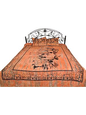 Coral-Sands Batik-Dyed Bedsheet with African Tribal Folk Print