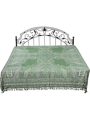 Beryl-Green Reversible Jamawar Bedspread with Woven Florals and Paisleys