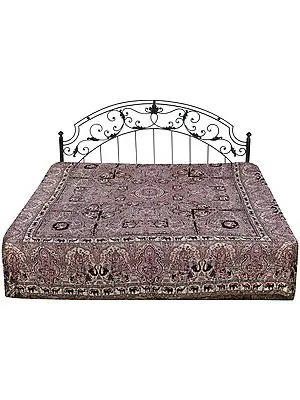 Rose-Bud Reversible Jamawar Bedspread from Amritsar with Woven Elephants and Village Folkss