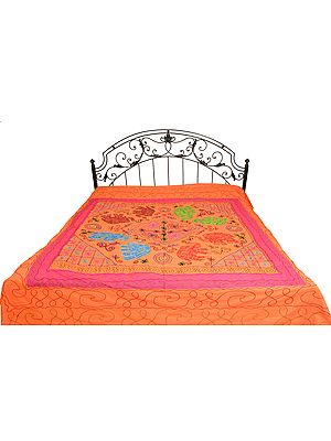 Vermillion-Orange and Pink Gujarati Bedspread with Applique Elephants and Hand-Embroidery