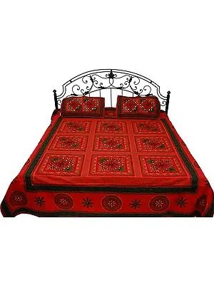 Bittersweet-Red Gujarati Bedspread with Floral-Embroidery and Mirrors