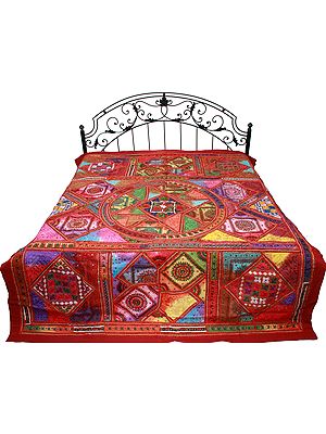 Flames-Scarlet Bedspread from Gujarat with Embroidered Bootis and Mirrors All Over