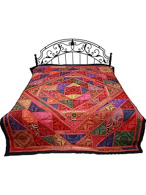 Plum-Kitten Bedspread from Gujarat with Ari-Embroidered Bootis and Mirrors All Over