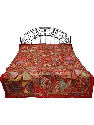 Burnt-Russet Kutch Patch Bedspread with All-Over Embroidery and Mirrors