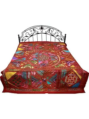 Tibetan-Red Bedspread from Gujarat with All-Over Embroidered Bootis and Mirrors