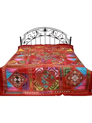 Garnet-Rose Bedspread from Gujarat with Embroidered Kutch Patches and Mirrors