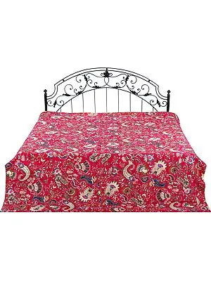 Bedcover from Gujarat with Printed Flowers and Kantha Stitch All-Over