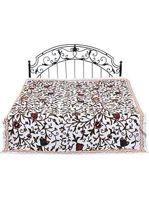 Ivory Bedspread from Kashmir with Ari-Embroidered Flowers in Multicolor Thread