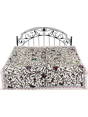 Off-White Bedspread from Kashmir with Ari-Embroidered Flowers in Multicolor Thread