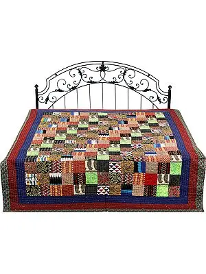 Multi-Color Reversible Bedspread From Gujarat with Patchwork and Kantha Stitch Embroidery
