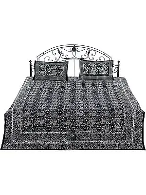 White and Black Bedspread from Pilkhuwa with Block-Printed Elephants and Flowers