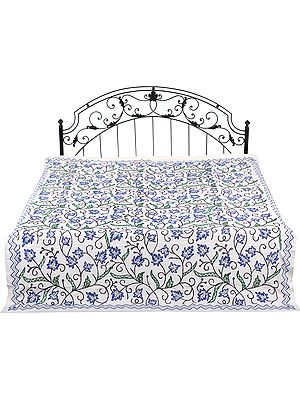 Off-White Bedspread from Kashmir with Floral Ari-Embroidery All-Over