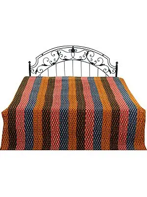 Multi-Color Printed Reversible Rainbow Bedspread with Patchwork and Kantha Stitch Embroidery All-Over