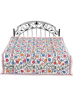 Pearled-Ivory Bedspread from Kashmir with Ari-Embroidered Leaves In Multicolor Thread