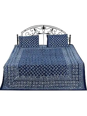 Twilight-Blue Bedspread from Jaipur  with Bagdoo Block-Printed White Flowers