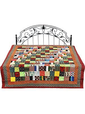 Multi-Color Reversible Bedspread From Gujarat with Patchwork and Kantha Stitch Embroidery