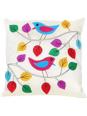 Italian-Straw Cushion Cover with Applique Birds and  Leaves