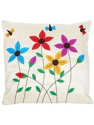 Ivory Cushion Cover with Applique Flowers and Bees