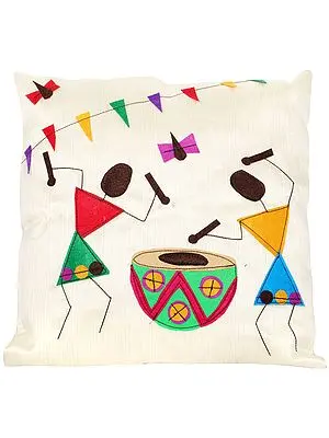 Banana-Crepe Cushion Cover with Applique Village Folks