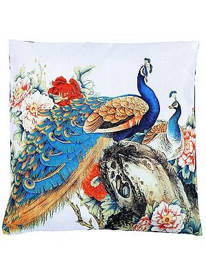 Snow-White Cushion Cover from Jaipur with Digital-Printed Peacocks