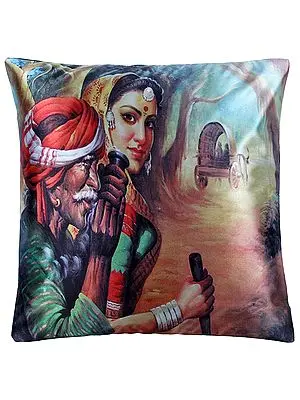 Cushion Cover from Jaipur with Digital-printed Village Folks