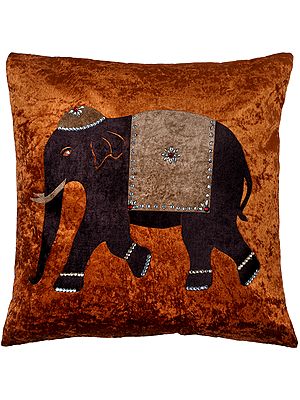 Cushion Cover with Applique Elephant and Embellished Crystals and Stones