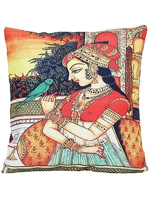 Ribbon-Red Cushion Cover with Digital-Printed Mughal Princess