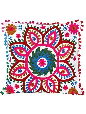 Lily-White Cushion Cover with Giant Multicolor Ari-Embroidered Flower