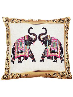 Golden-Yellow Cushion Cover with Digital-Printed Elephants