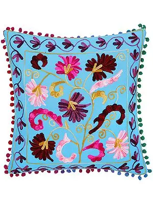 Cyan-Blue Cushion Cover with Ari-Embroidered Flowers in Mutlicolor Thread