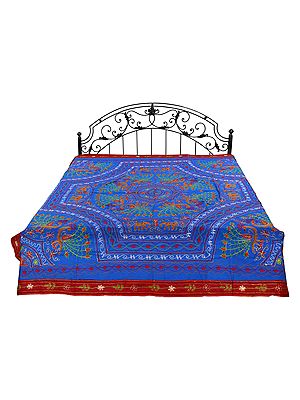 Gujarati Bedspread with Metallic Thread Embroidered Peacocks and Folk Motifs