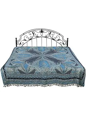 Bluejay Jamawar Reversible Bedspread from Amritsar with Woven Paisleys