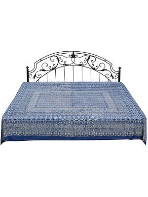 Copen-Blue Bedcover from Sanganer with Bagdoo Block-Print and Kantha Stitch All-Over