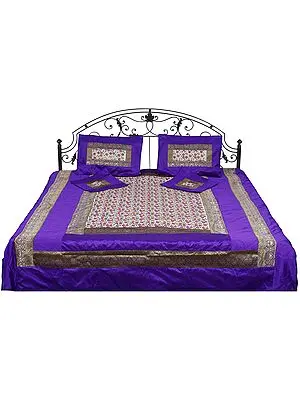 Five-Piece Purple-Ivory Brocaded  Bedcover with Embroidered Flowers All-Over