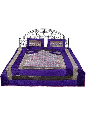 Ultra-Violet Brocaded Bedspread with Embroidered Flowers All-Over